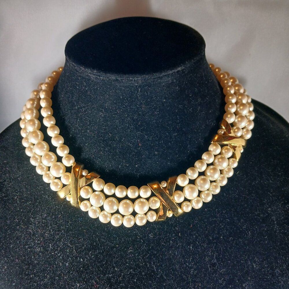 Vintage 1980's Faux Pearls Gold Tone "X" Choker Statement Necklace